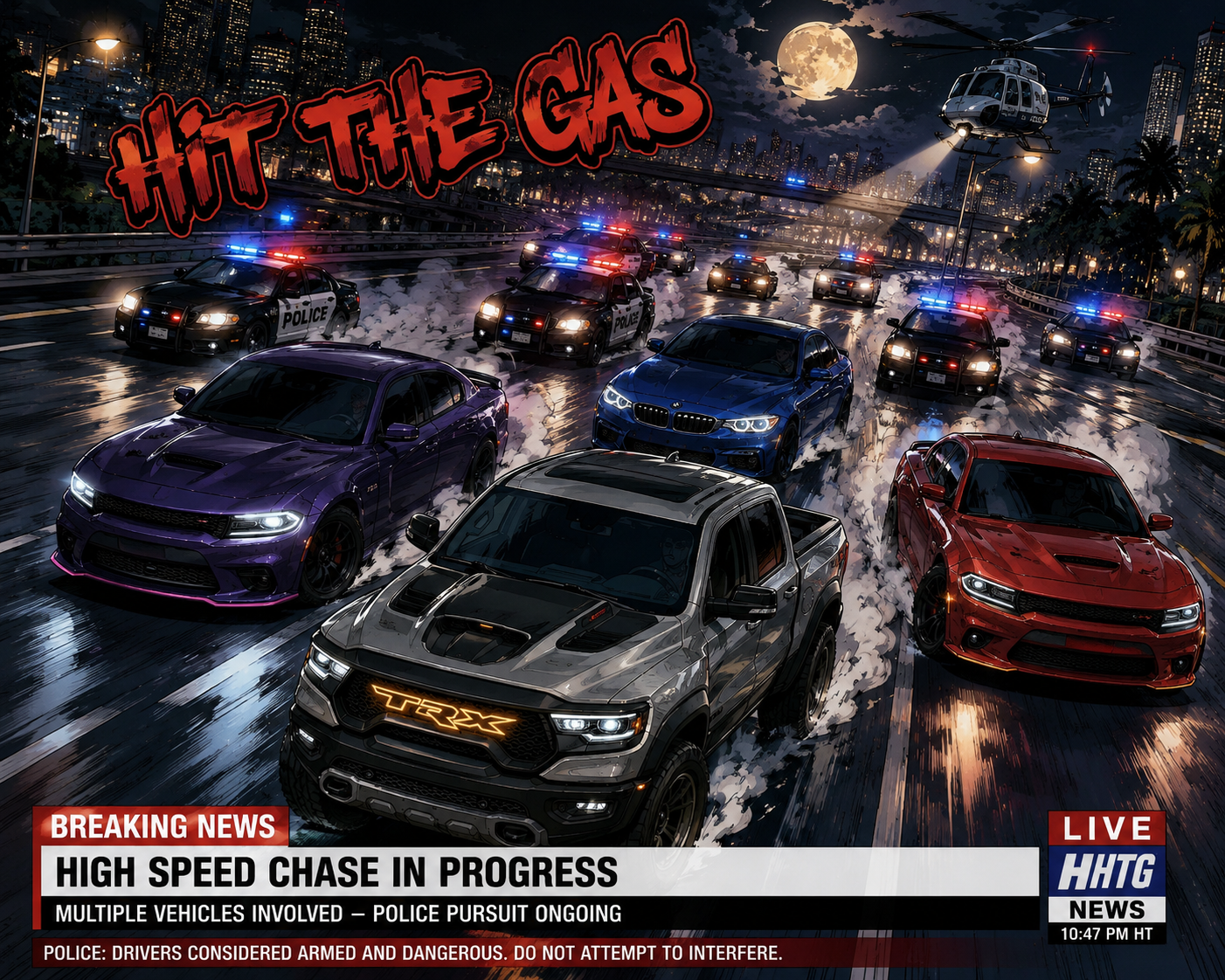 High speed chase scene with performance cars and police pursuit, HTG automotive street culture